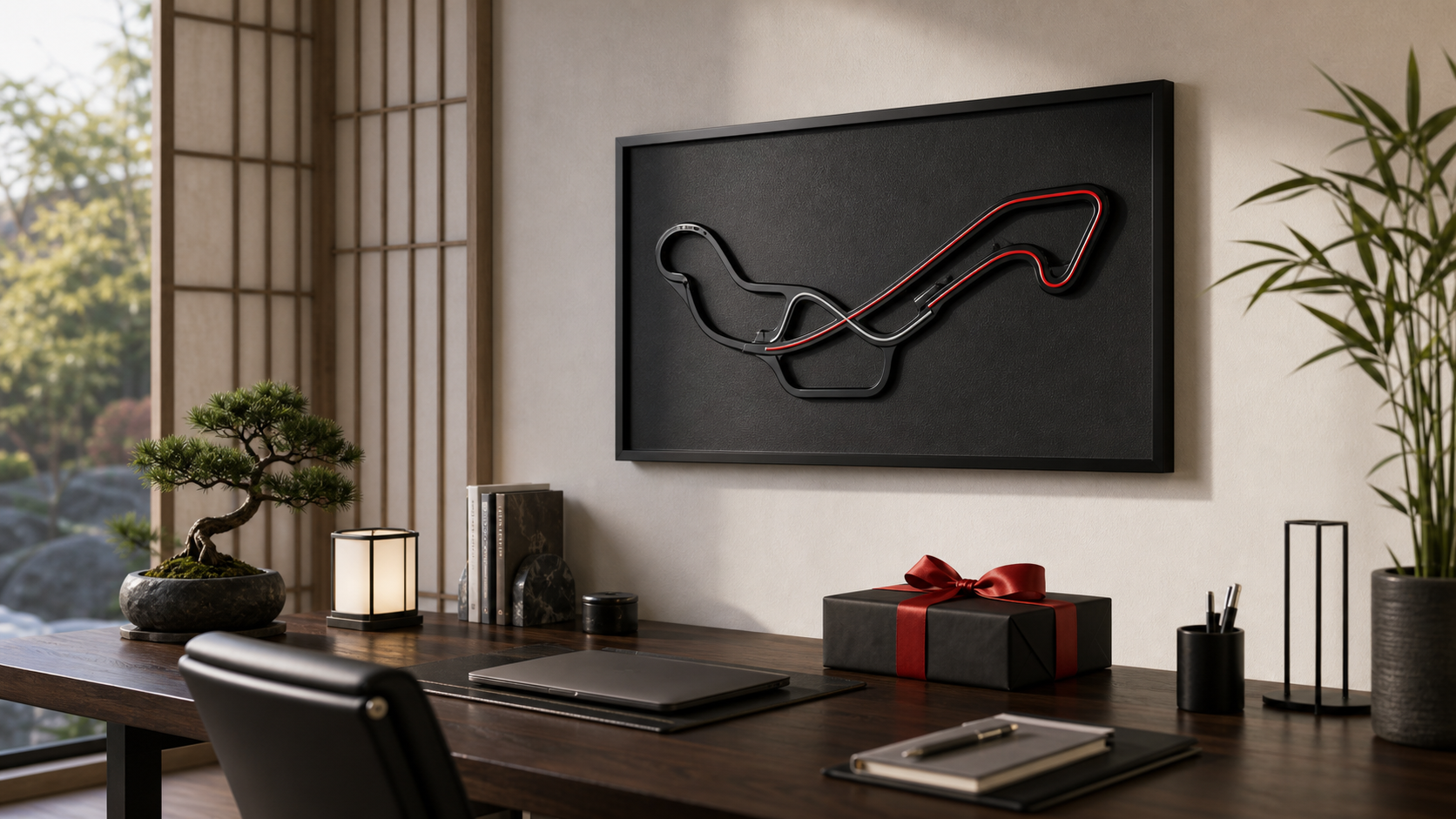 Cuadro 3D del circuito de Suzuka en oficina moderna con decoración racing