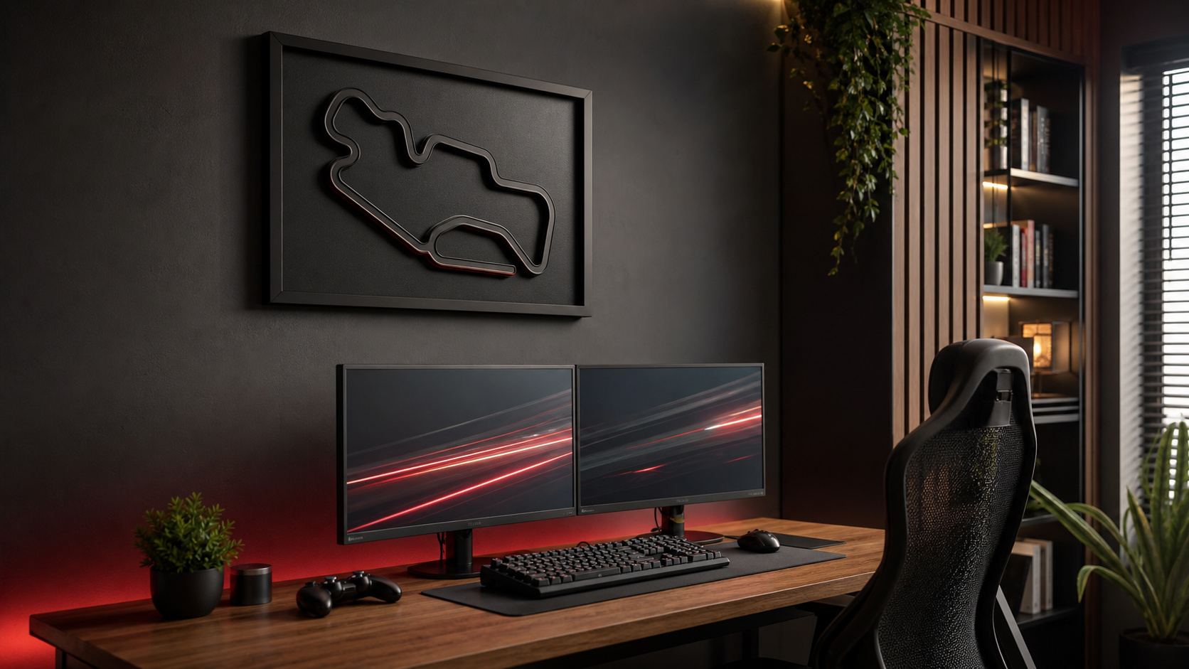Cuadro de circuito en setup gamer moderno con decoración racing sobria