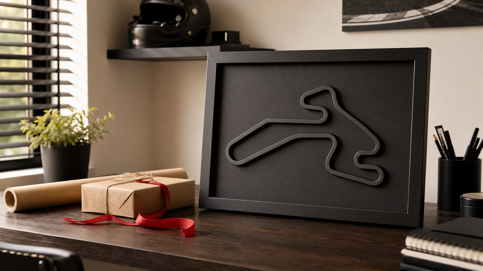 Cuadro 3D de circuito con envoltorio de regalo racing económico en oficina moderna