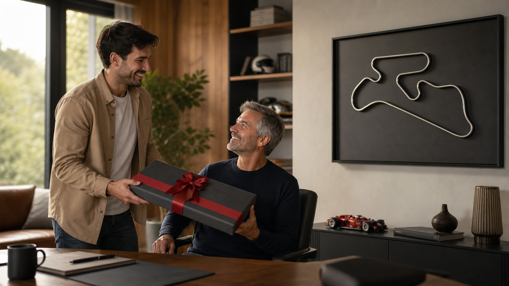 Papá recibiendo un cuadro 3D de circuito como regalo racing para el Día del Padre en Chile