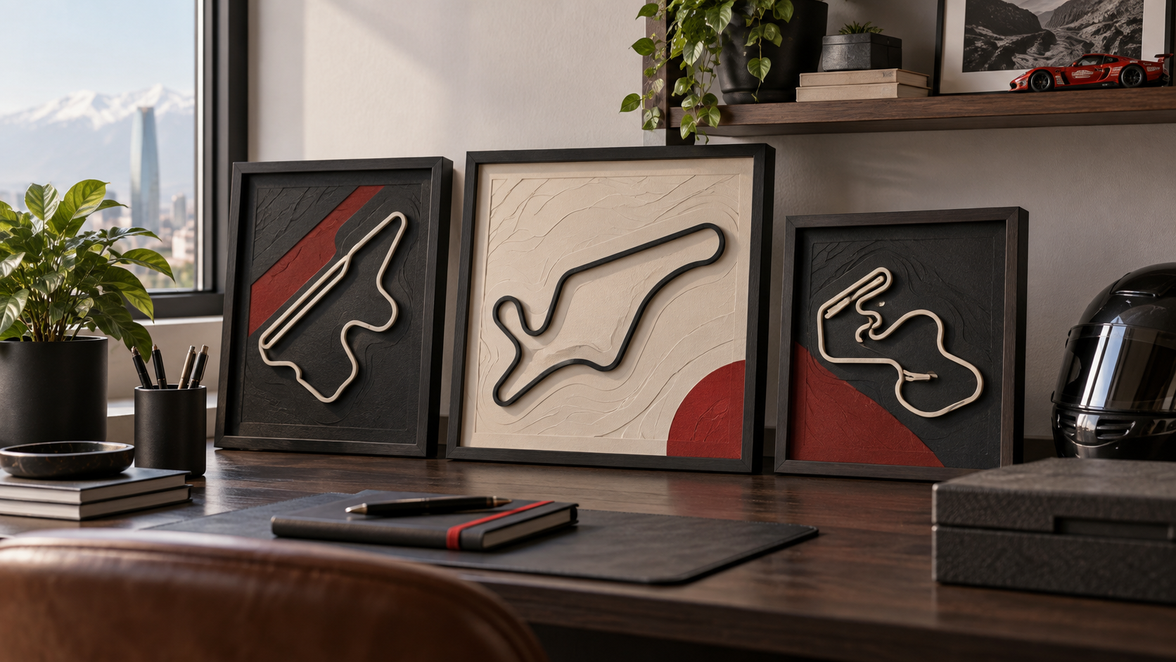 Colección de cuadros de circuitos racing en un espacio de colección moderno