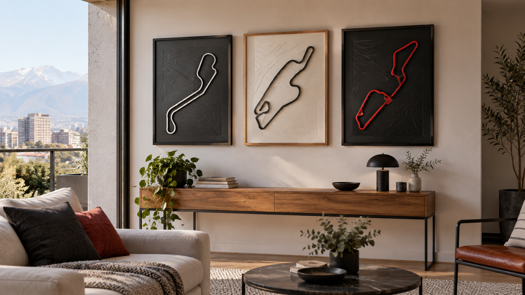 Tres cuadros de circuitos racing combinados en una pared de living moderno