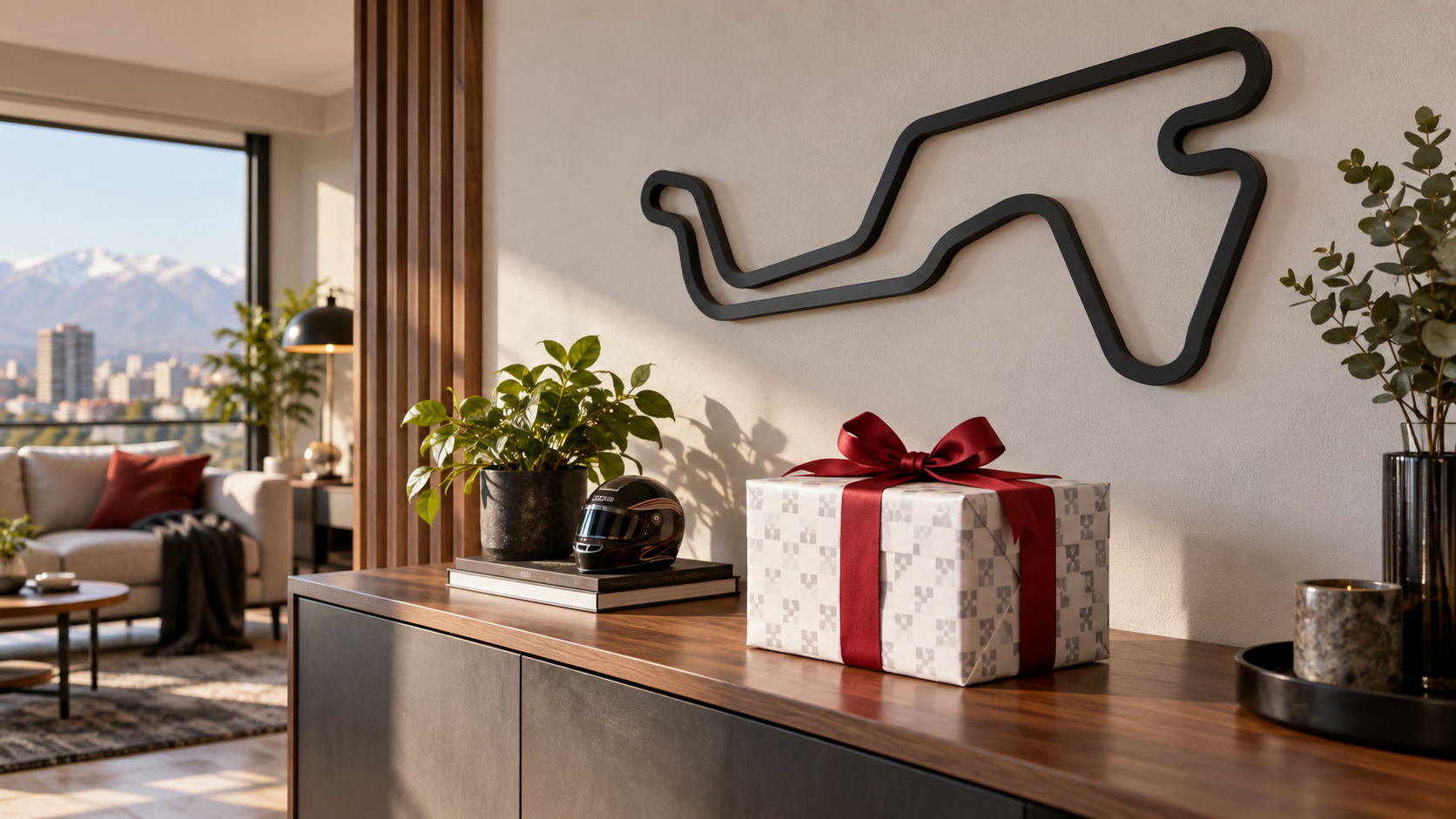 Cuadro de circuito racing junto a un regalo de cumpleaños en un espacio moderno