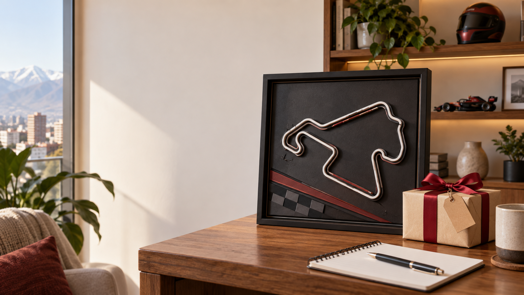 Cuadro de circuito racing junto a un regalo para amigo secreto en un espacio moderno