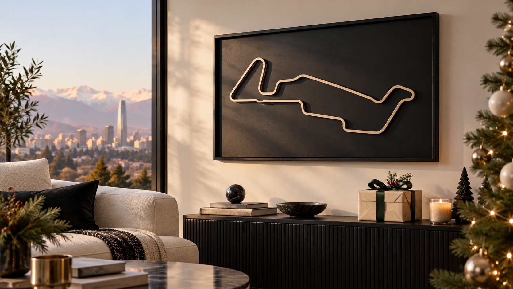 Cuadro de circuito racing junto a un regalo navideño en un living moderno