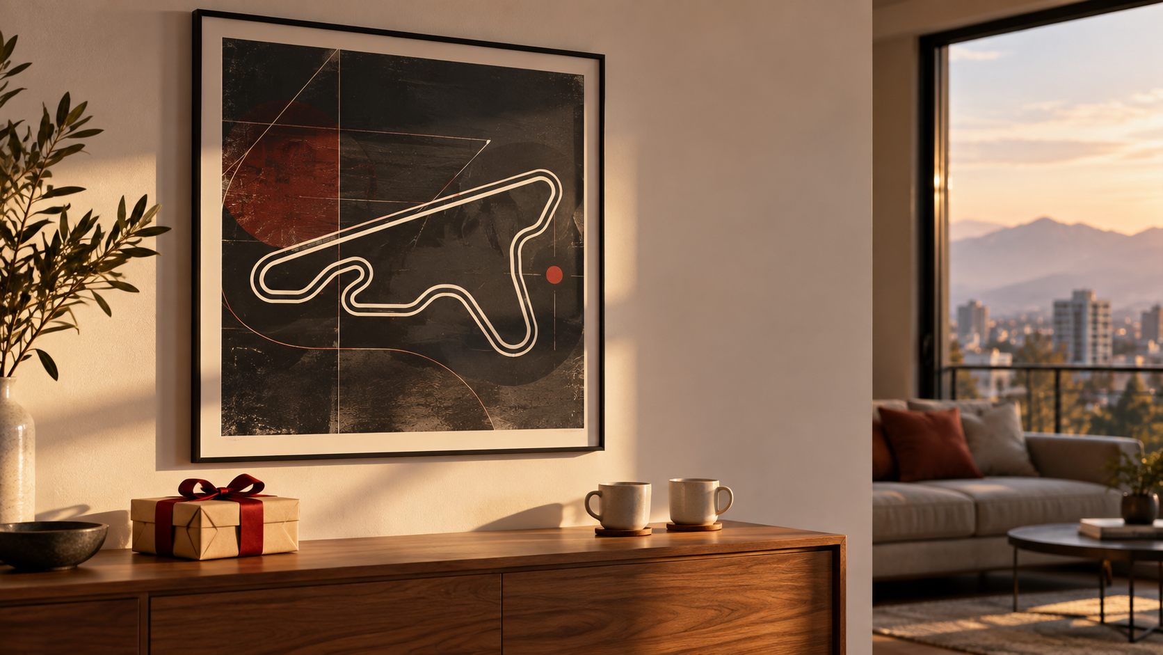 Cuadro abstracto de circuito racing junto a un regalo de aniversario en un living moderno