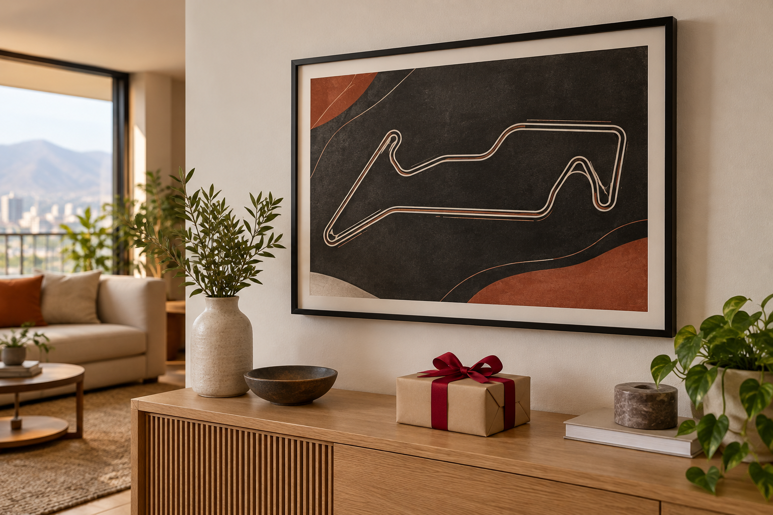 Cuadro de circuito racing junto a un regalo para casa nueva en un living chileno