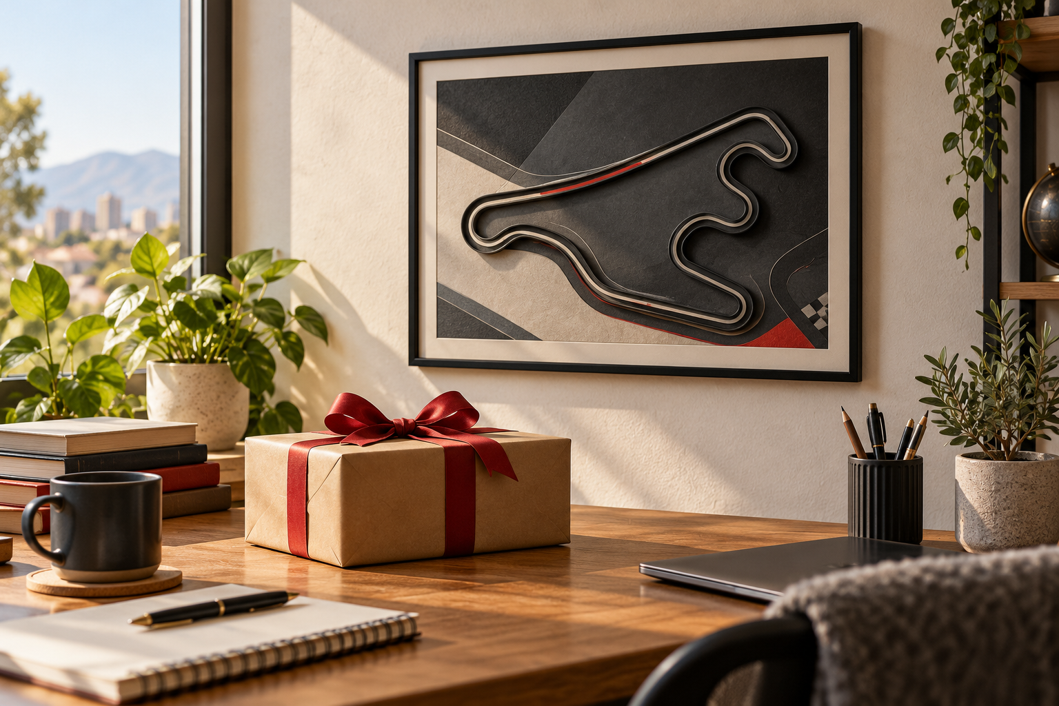 Cuadro de circuito racing y regalo para un profesor en un espacio de trabajo