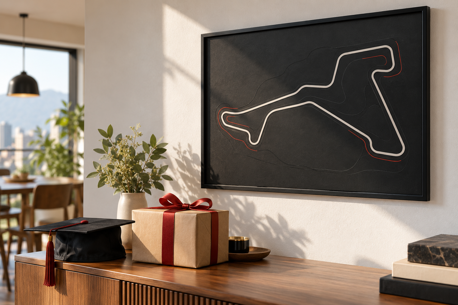 Cuadro de circuito racing junto a un regalo de graduación en un interior moderno